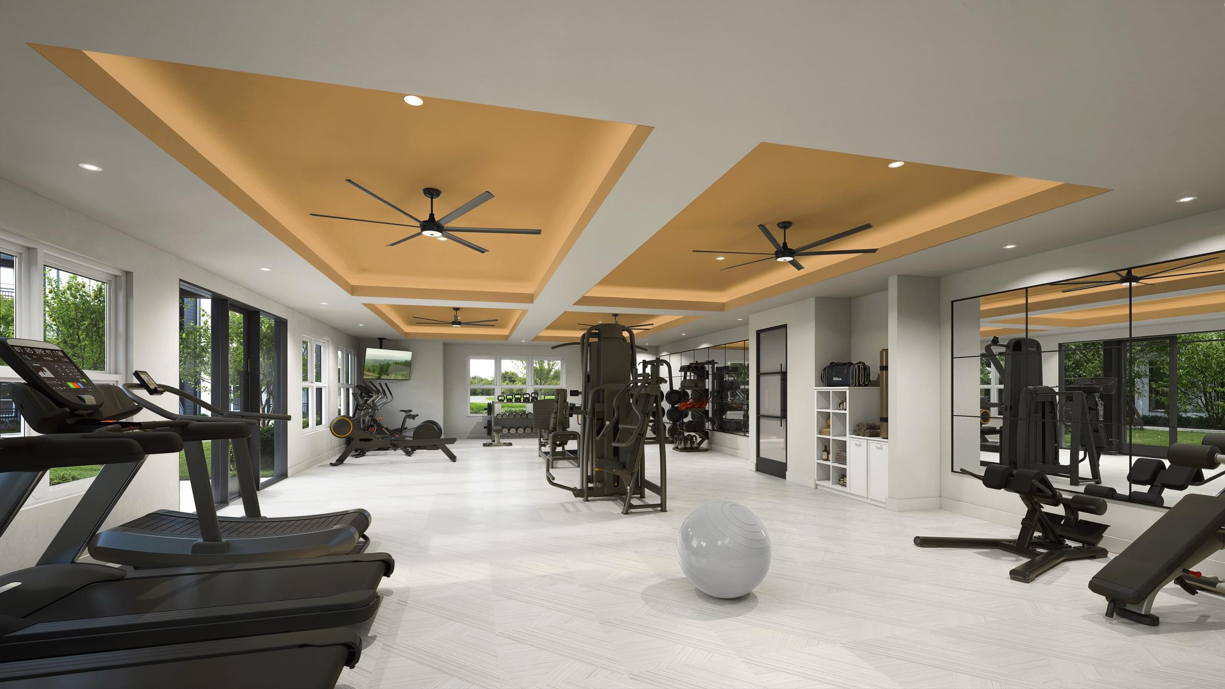 A spacious gym with treadmills, weights, and exercise balls.