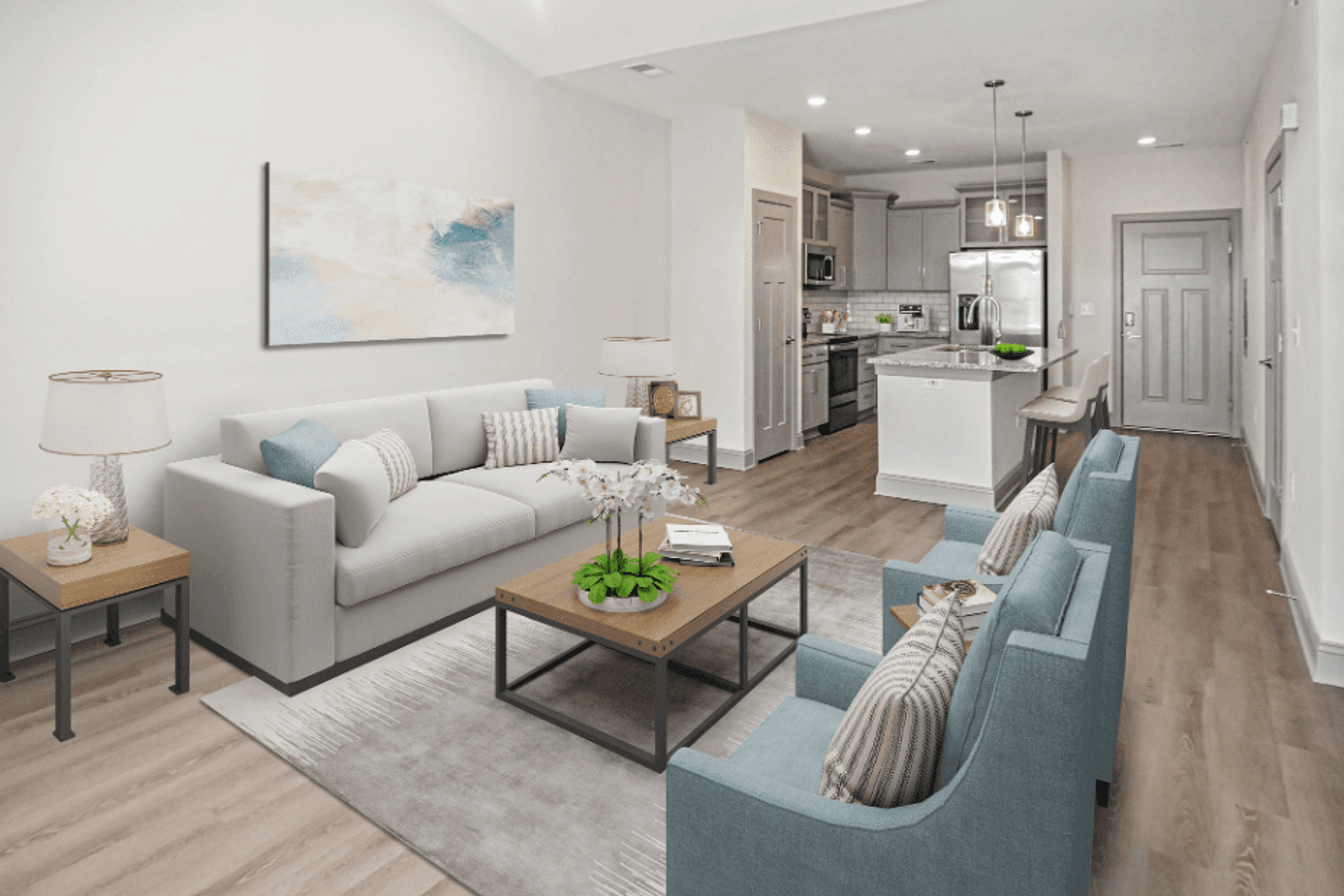 a living room and kitchen in a model home