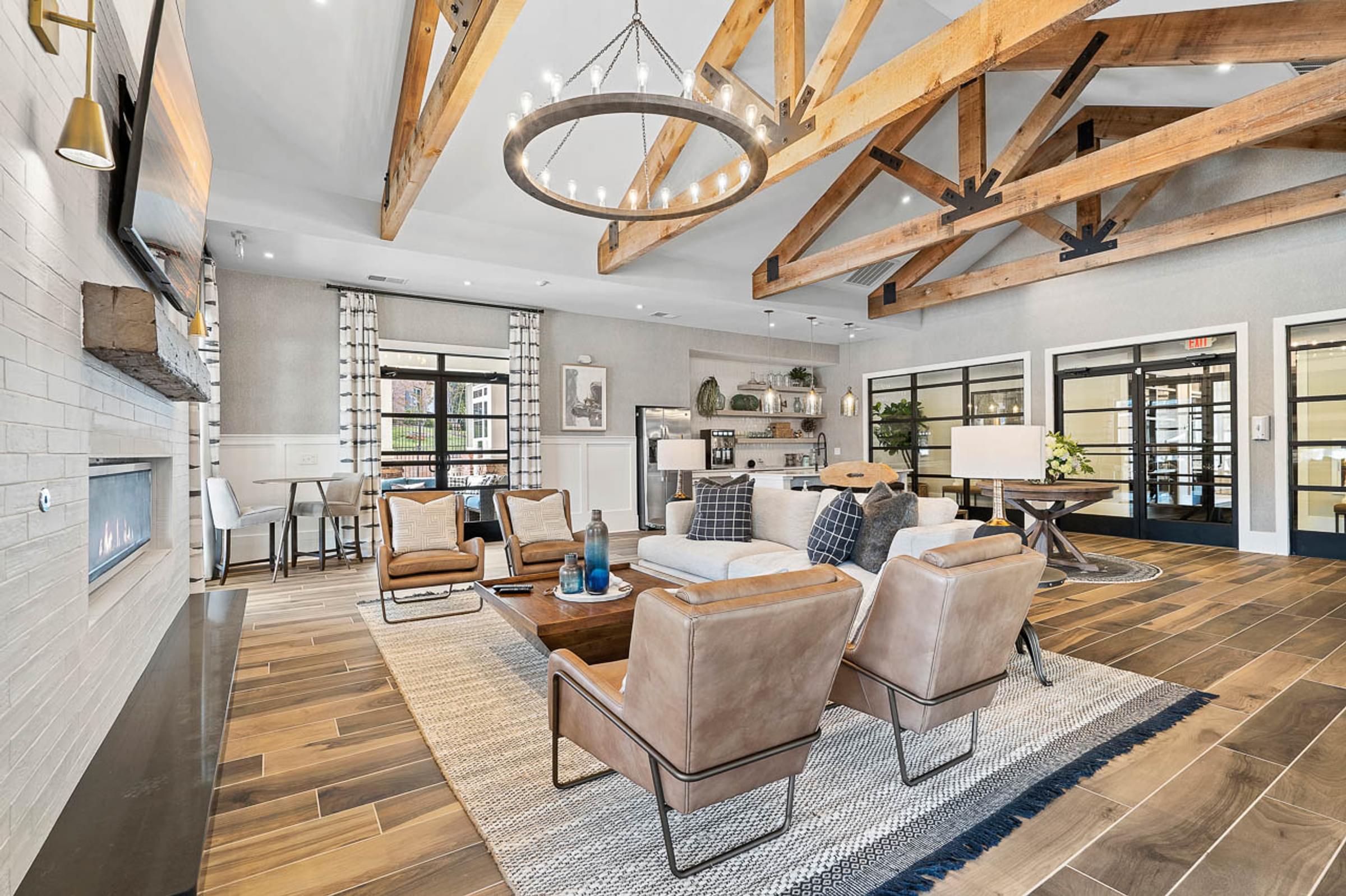 Amenities Highlight luxurious pool with small fountains, lounge seating, and cabanas