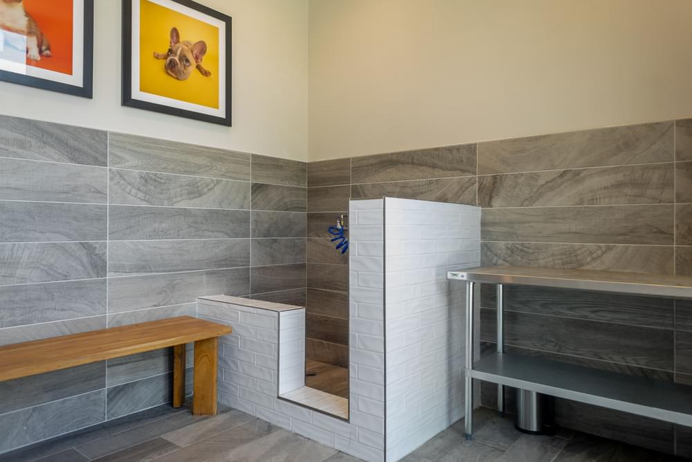 a bathroom with a shower with a bench and a table