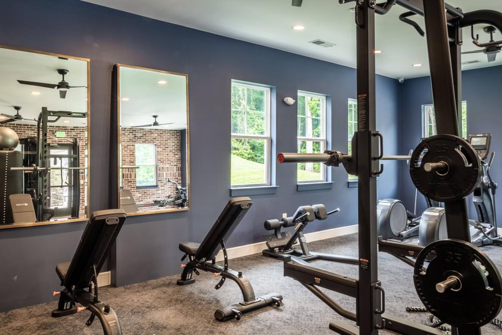 a home gym with exercise equipment and mirrors
