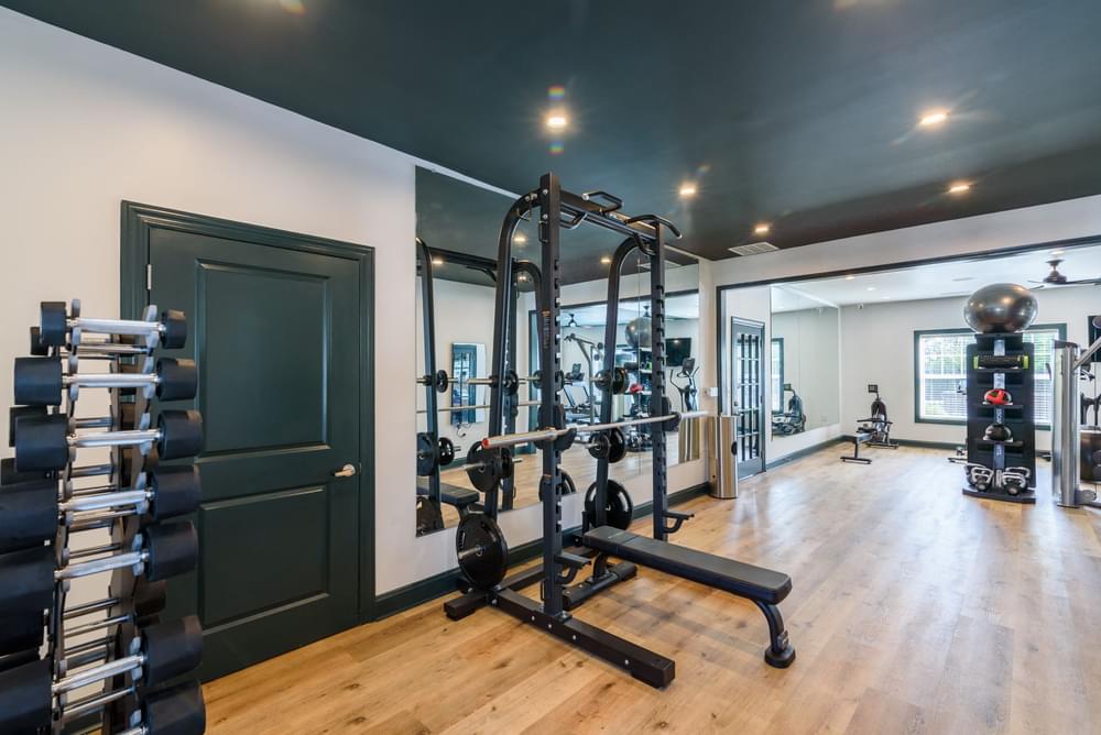 a home gym with weights machines and a door