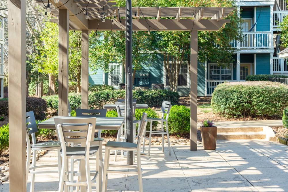 a patio with a table and chairs and a pergola