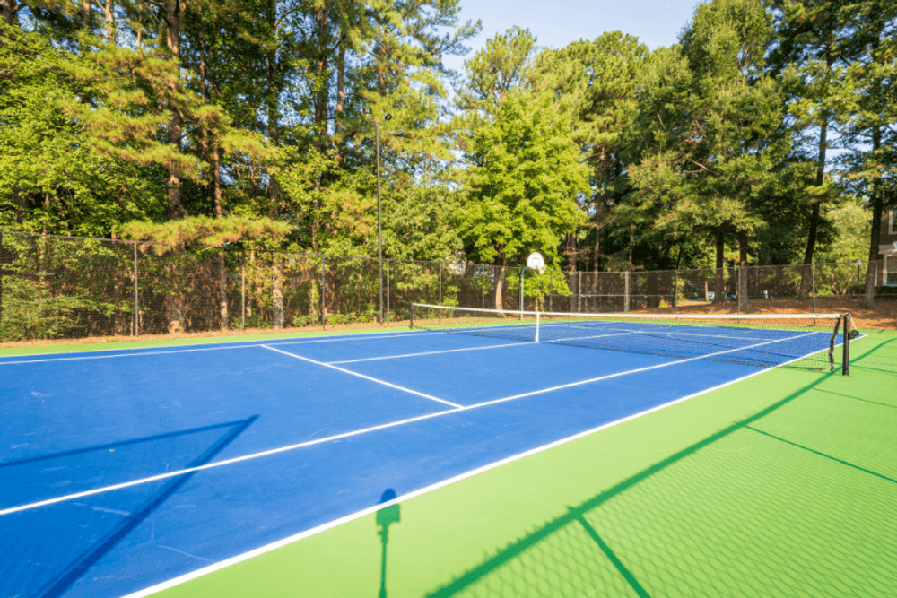 a tennis court with trees in the background
