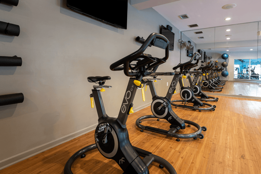 a row of spin bikes in a gym