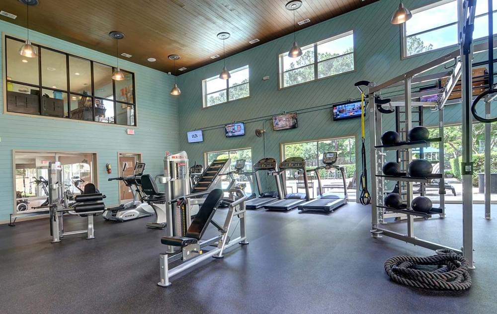 the home has a gym with weights and cardio equipment