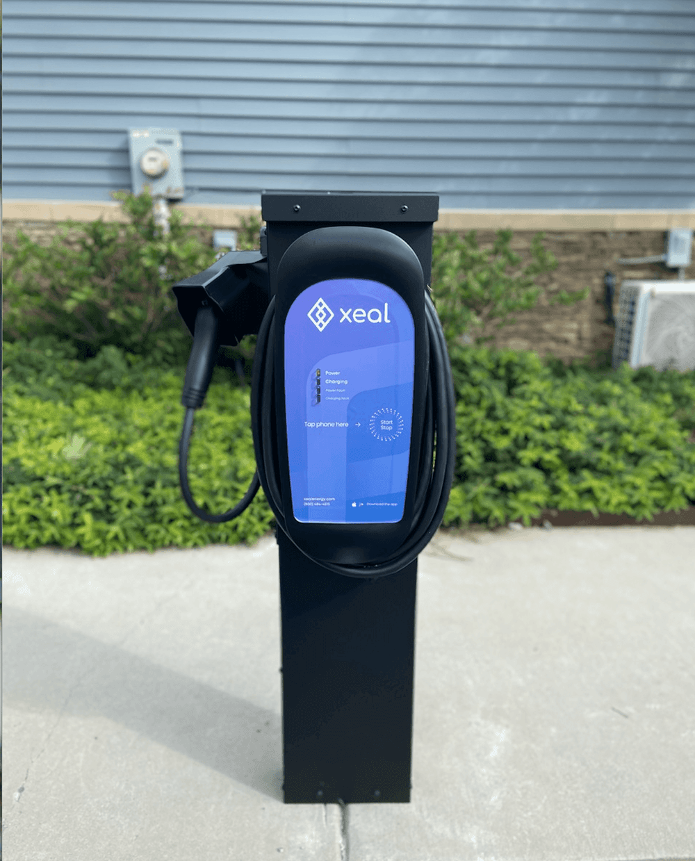 a self service meter on a sidewalk with a blue screen on the side of the meter