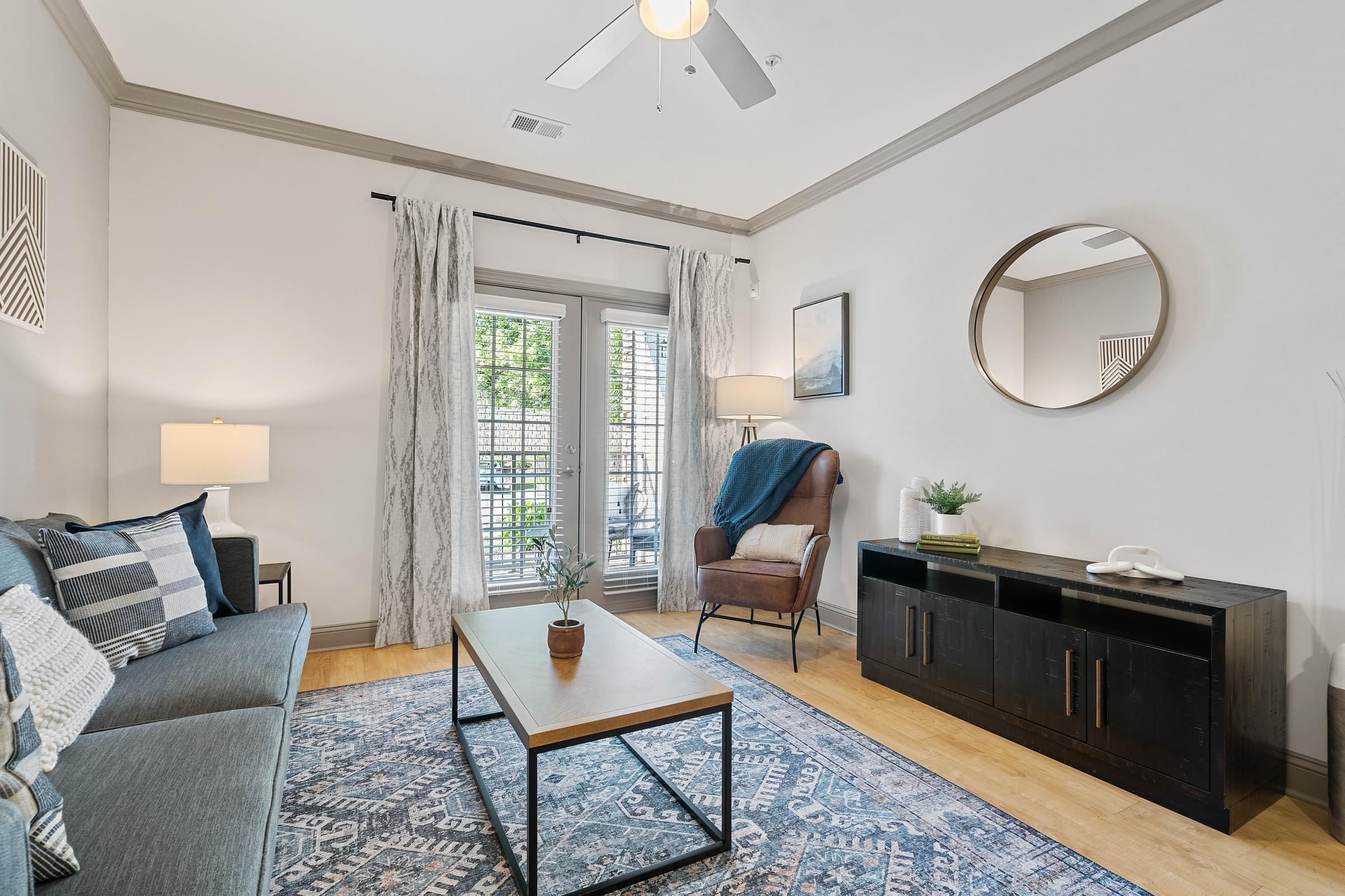 a living room with a couch and a coffee table