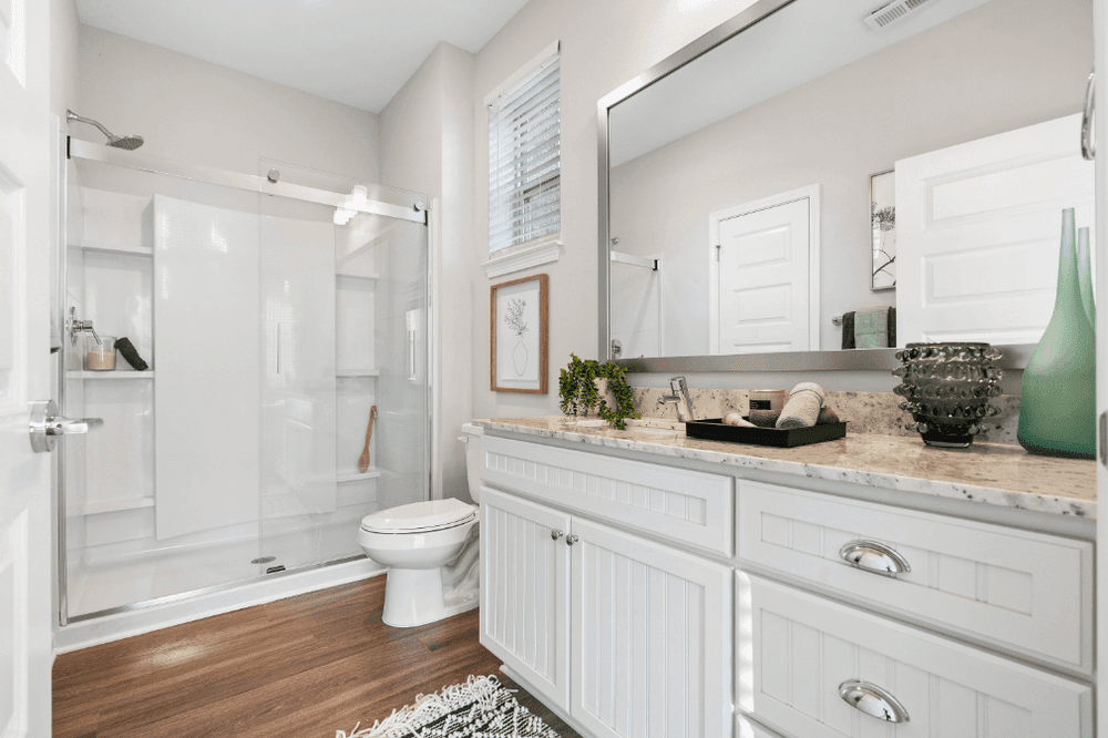 Interior bathroom with white cabinets
