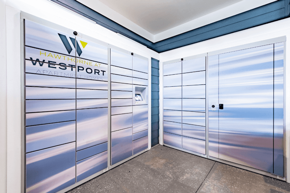 a row of lockers in a hallway with a westport logo on the door