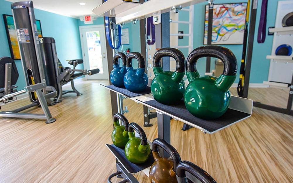 a fitness room with weights and cardio equipment in a gym