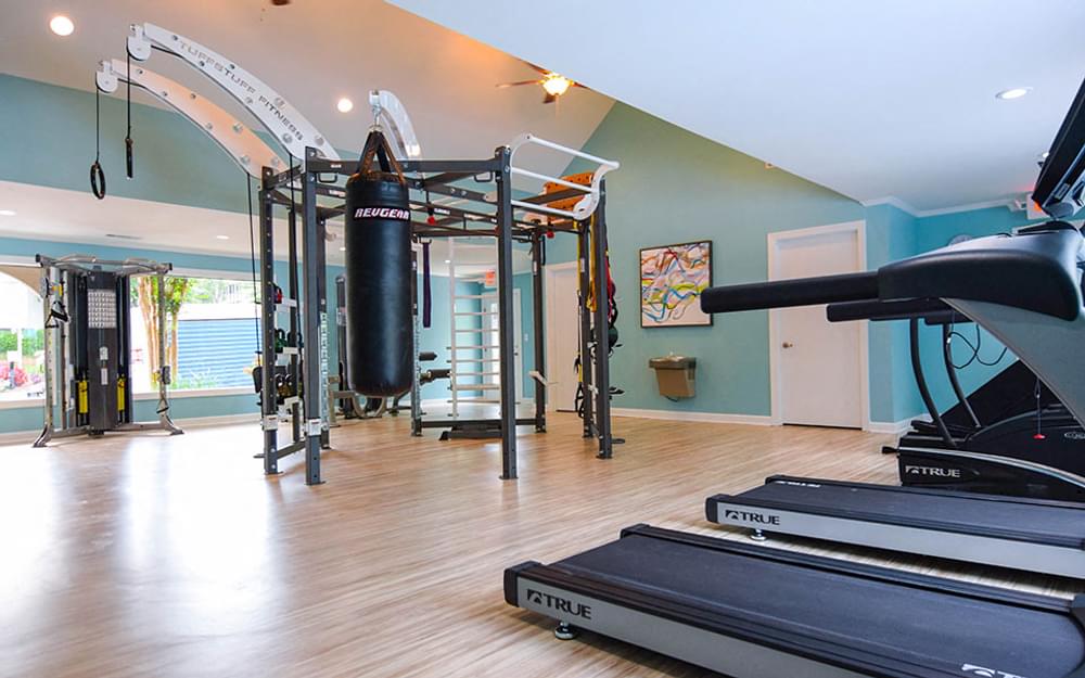 a gym with weights and a punching bag on the floor