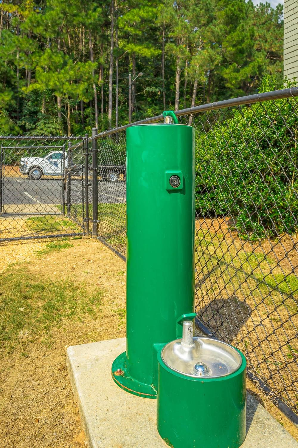 a green fire hydrant in front of a fence