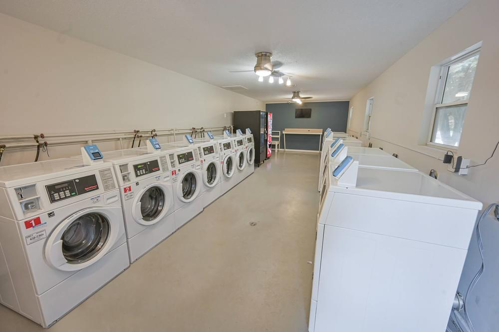 a washer and dryer laundry room with a row of washing machines