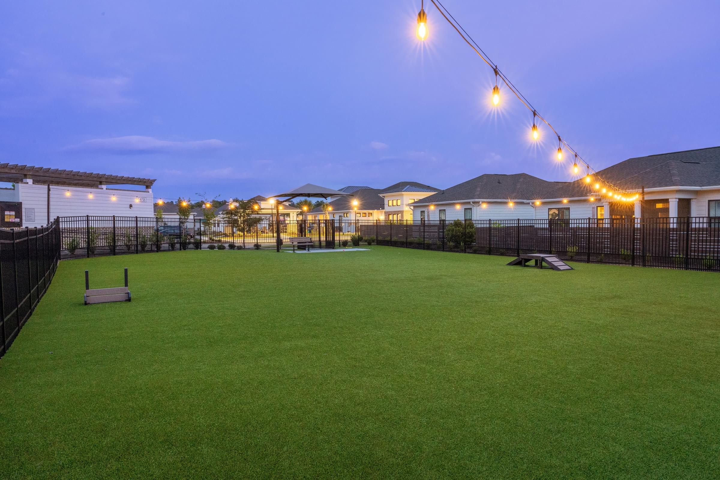 A backyard with a lawn and string lights.
