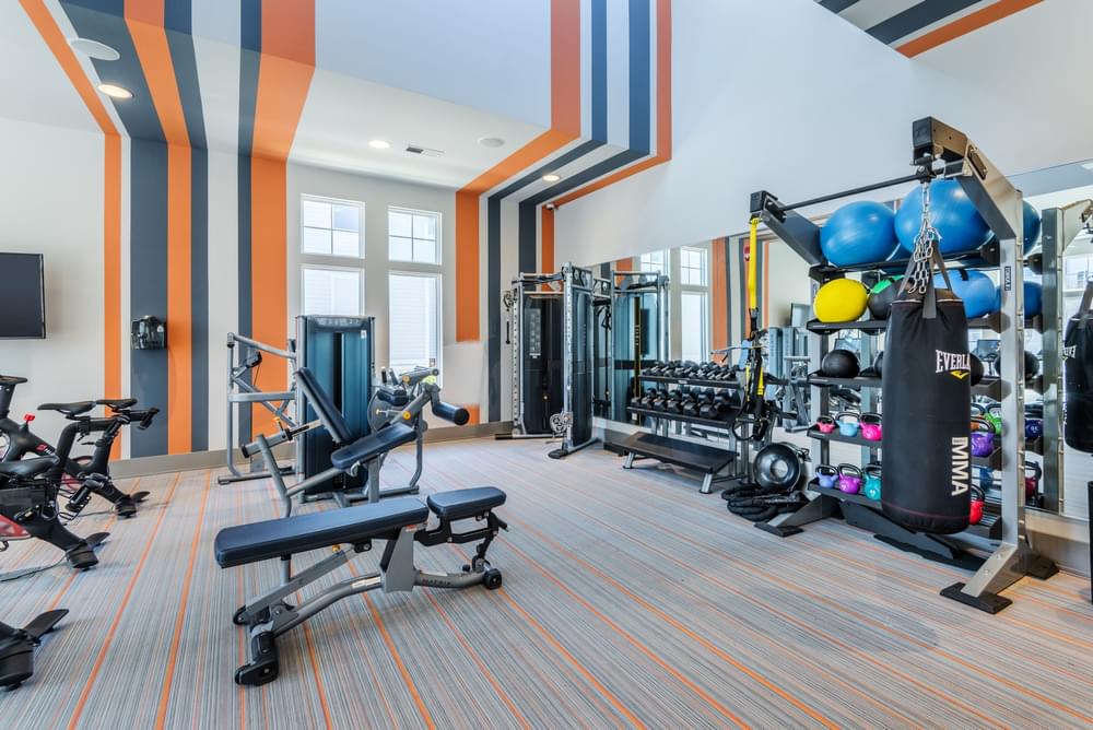 a gym with weights and cardio equipment in a building with striped walls