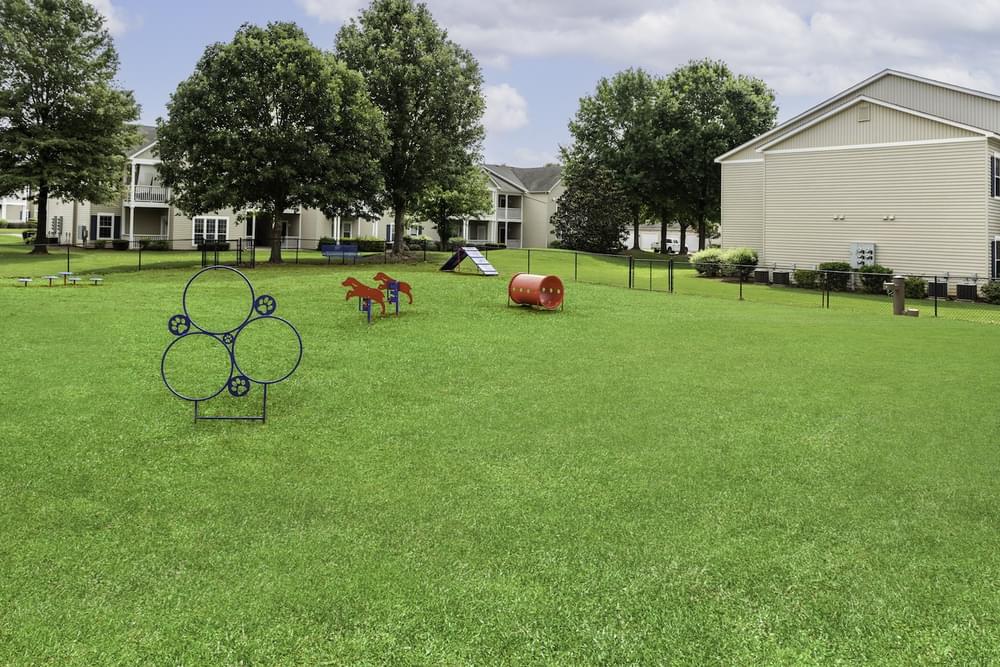 a large yard with agility equipment and houses in the background