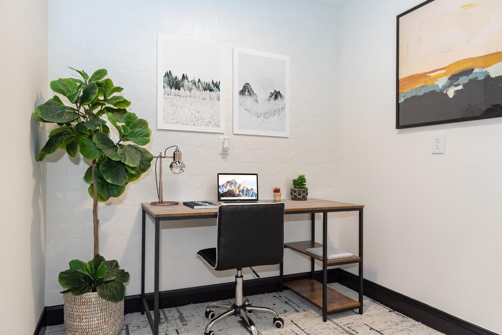 a desk with a computer and a plant in a room with white walls