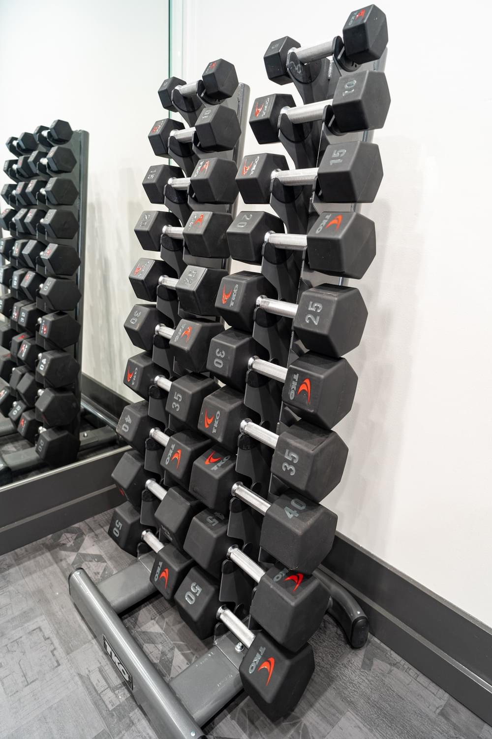 a wall of dumbbells in a gym