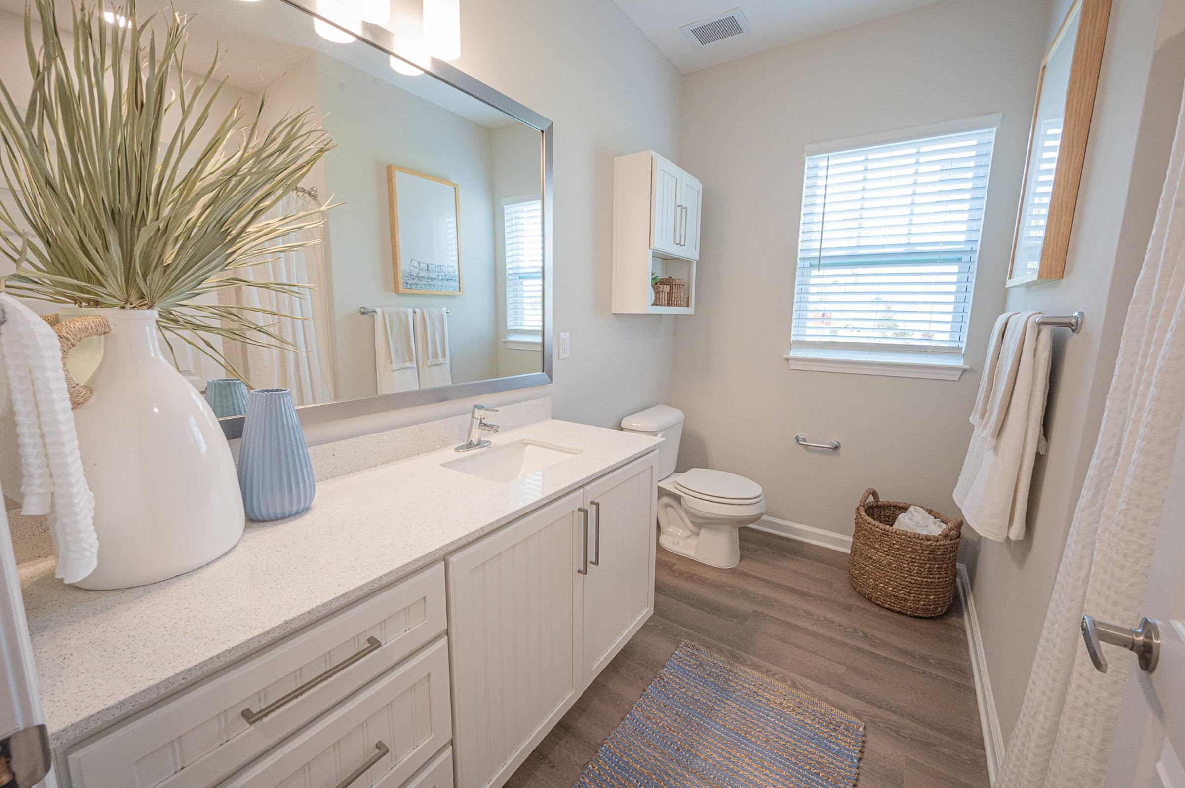 Spacious Bathroom with Ample Storage and Luxury Vinyl Plank Flooring at Hawthorne Waterside Apartments
