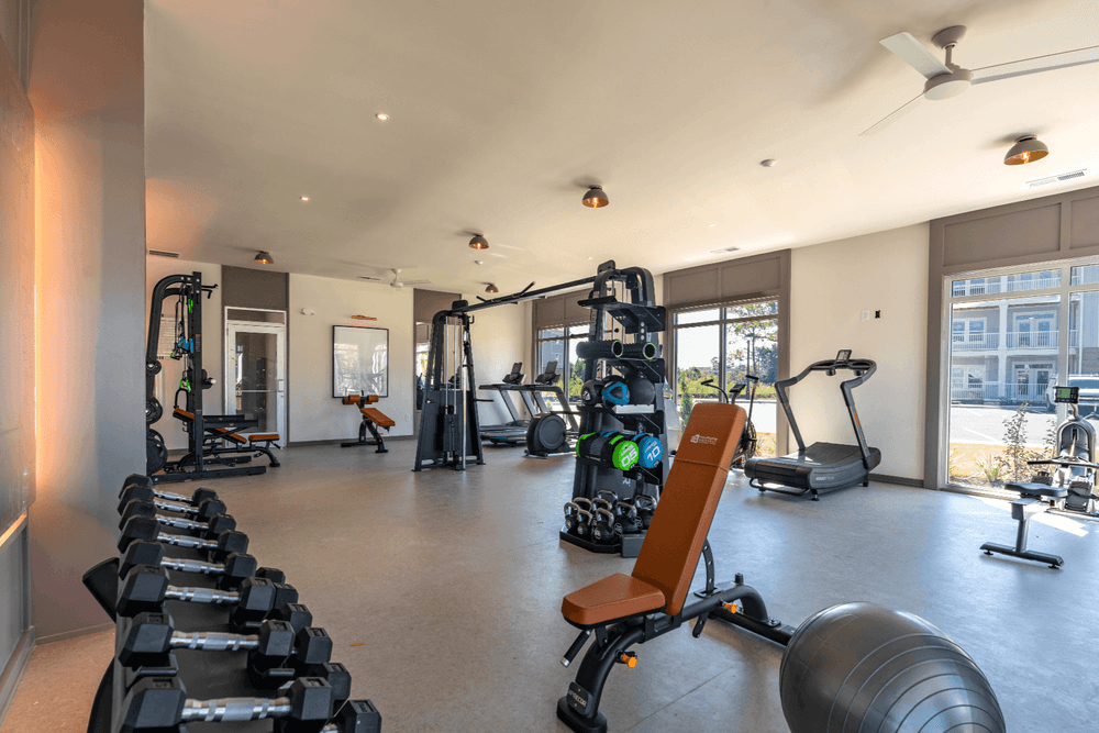 a gym with weights and other exercise equipment in a building