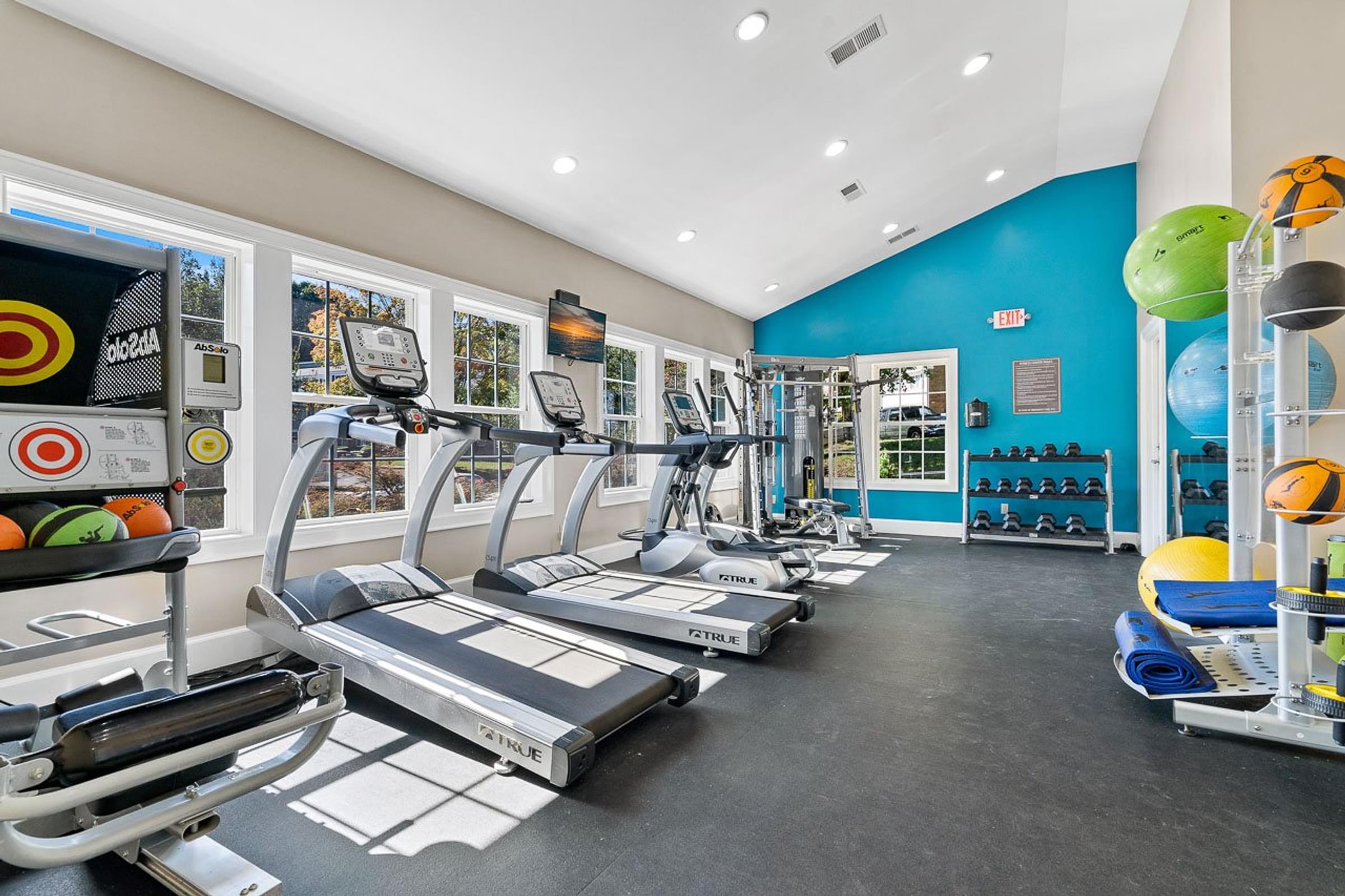 a gym with cardio equipment and weights at the enclave at university heights