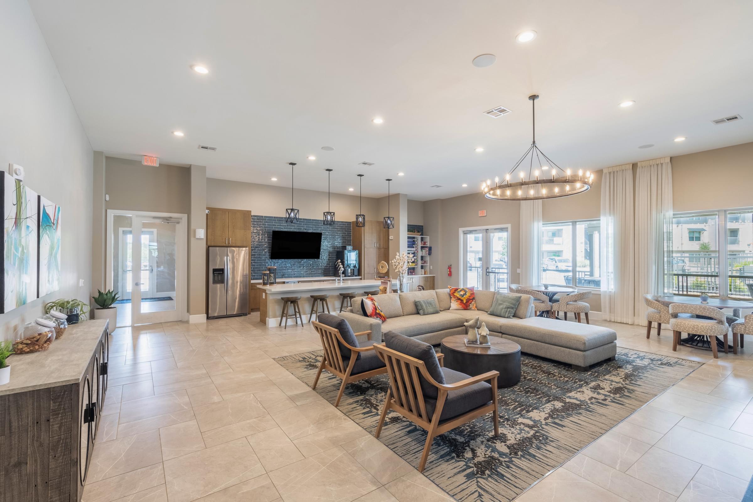 Community Clubhouse with Large Kitchen Island and Gathering Spaces