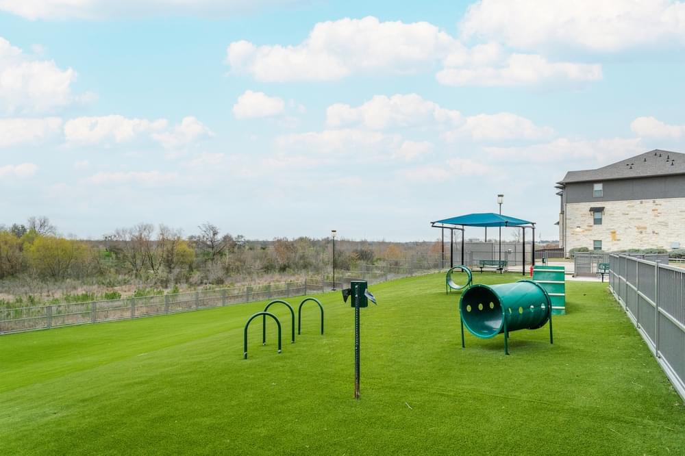 a park with a playground and a swing set in the grass