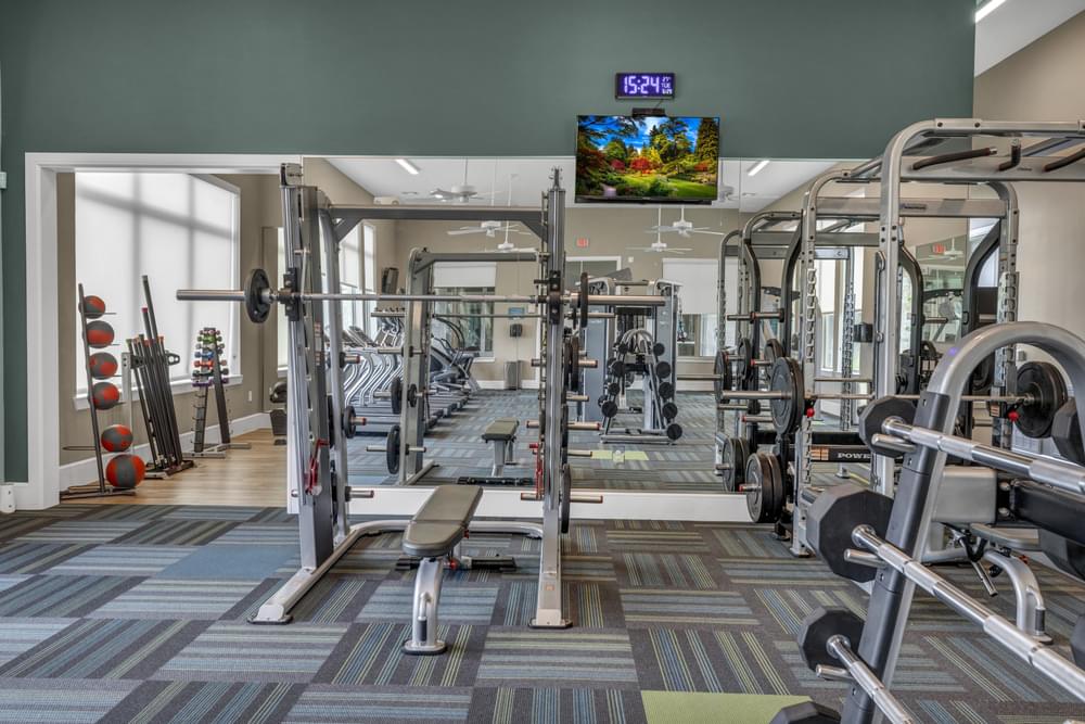 a gym with weights and cardio equipment and a tv