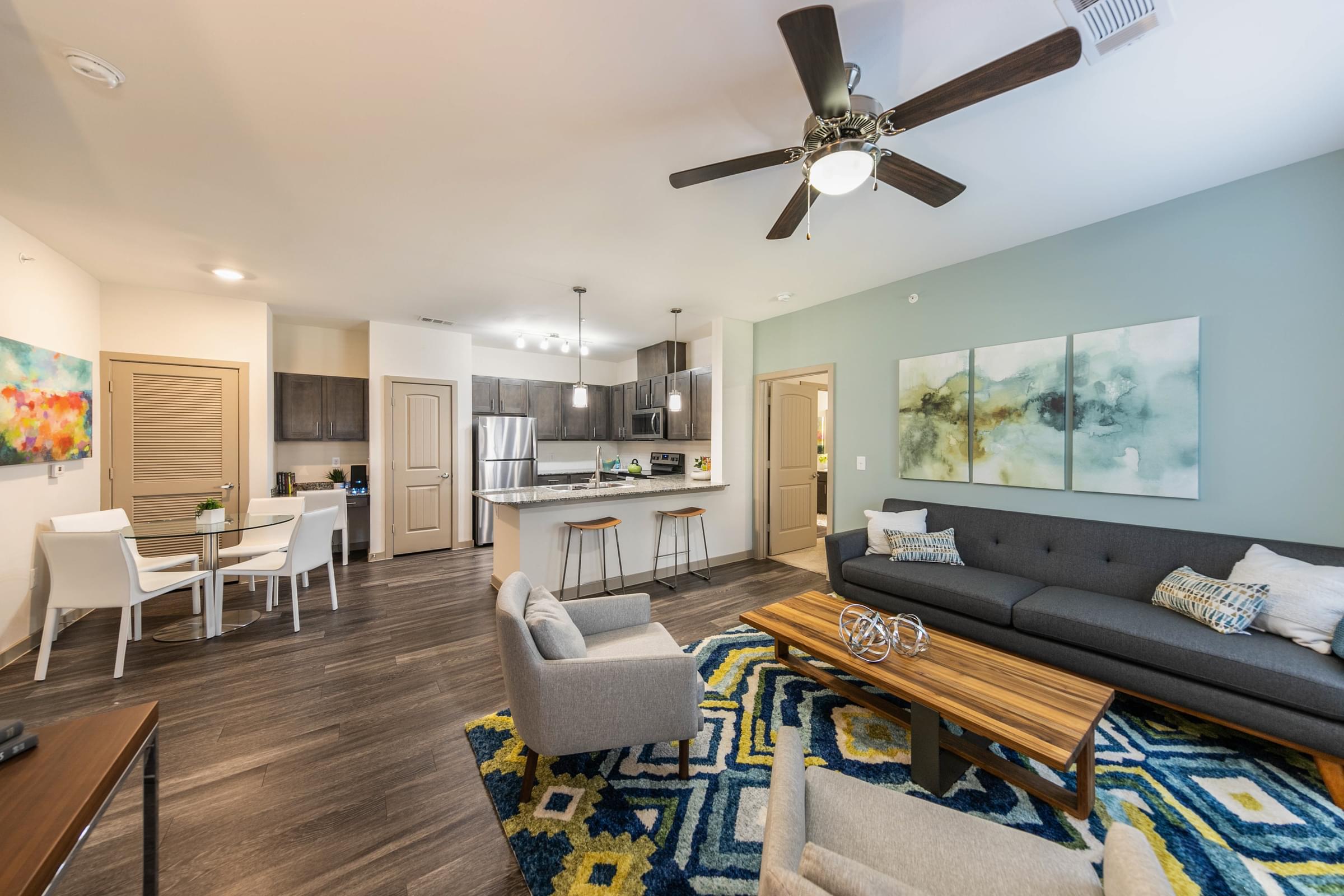 a living room with a couch and a table