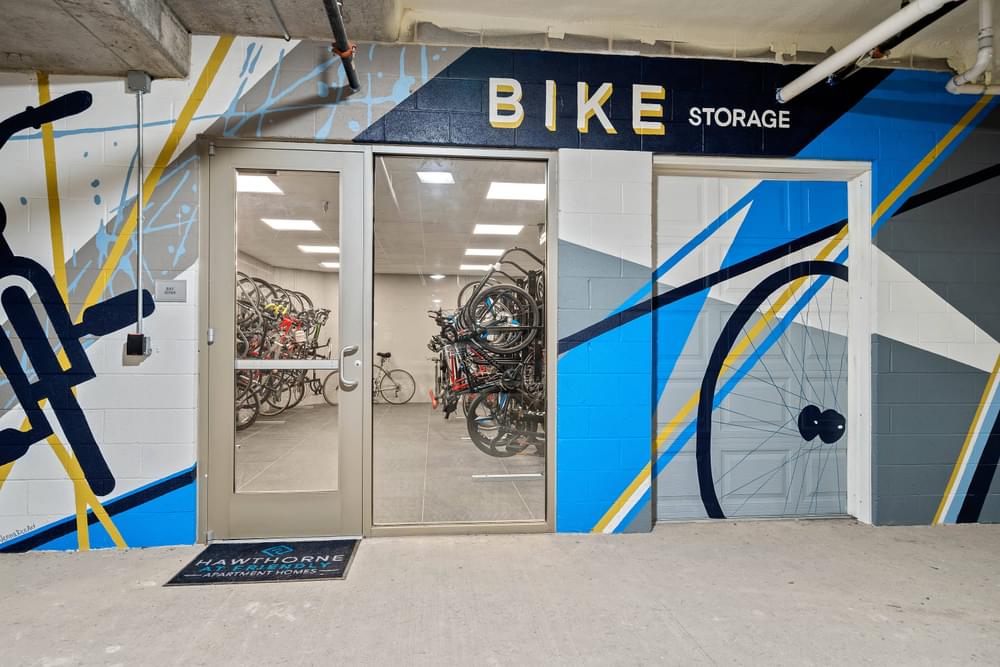 a view of the bike store entrance with bikes in the glass doors