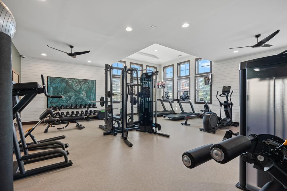 a gym with exercise equipment and a large screen on the wall