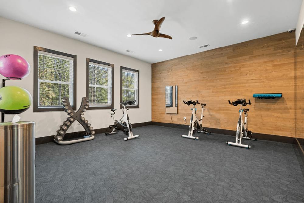 fitness room with cycle bikes and yoga balls