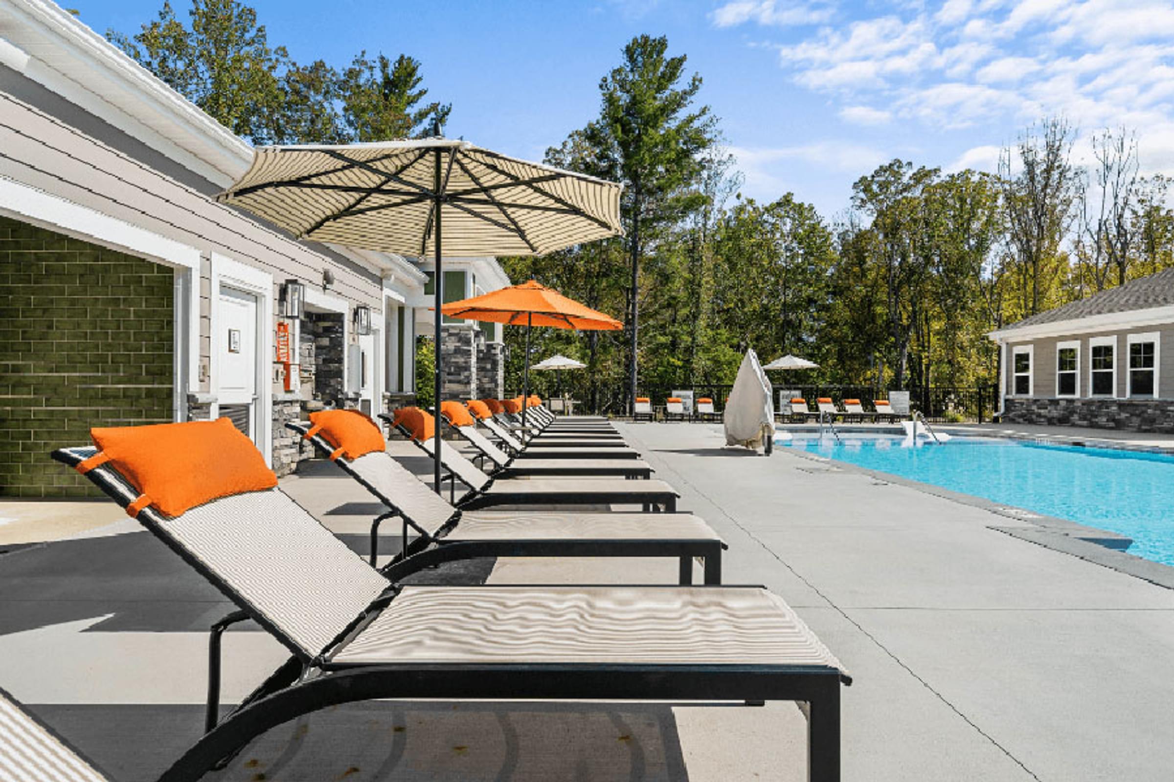 a row of chairs and umbrellas next to a pool