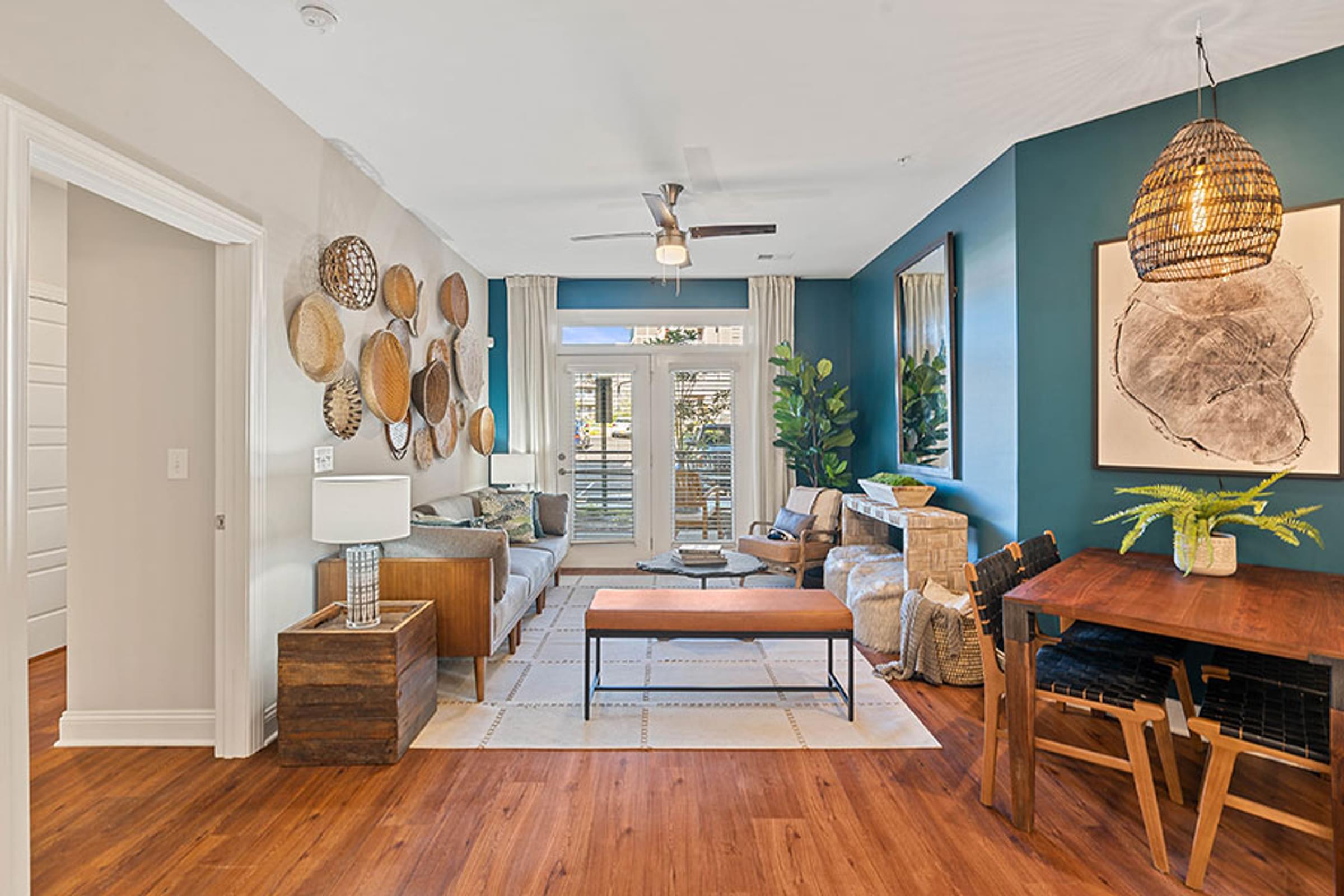 a living room with a couch and a table