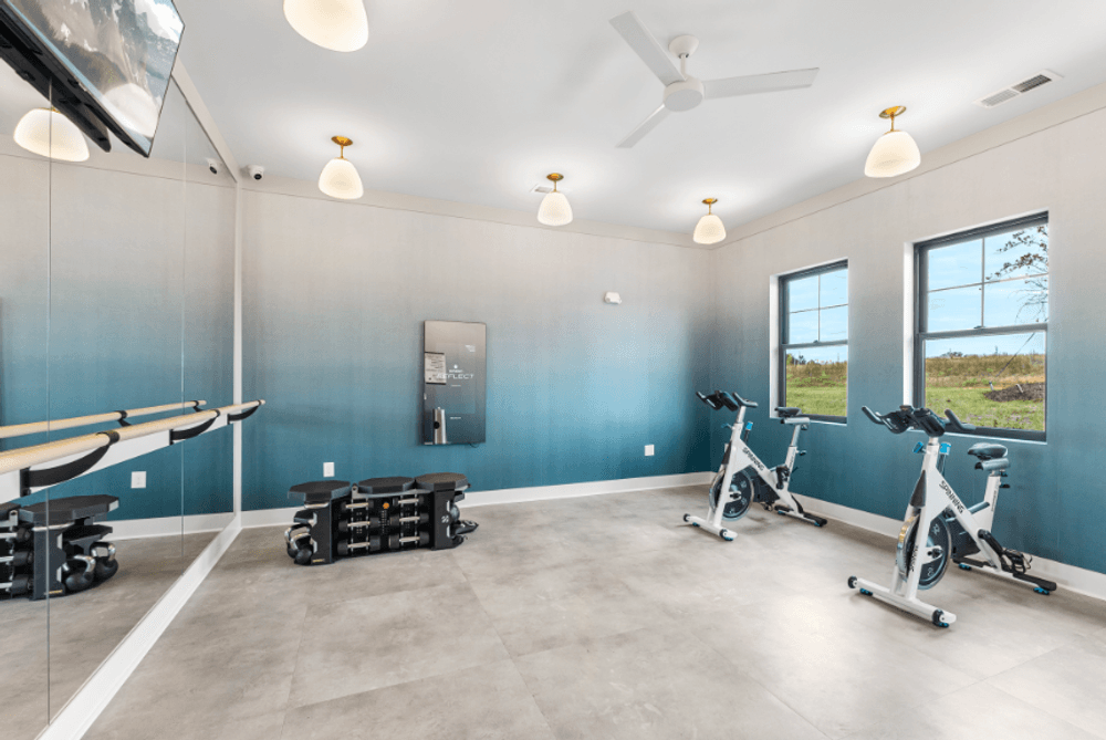 the gym with treadmills and weights at the apartments
