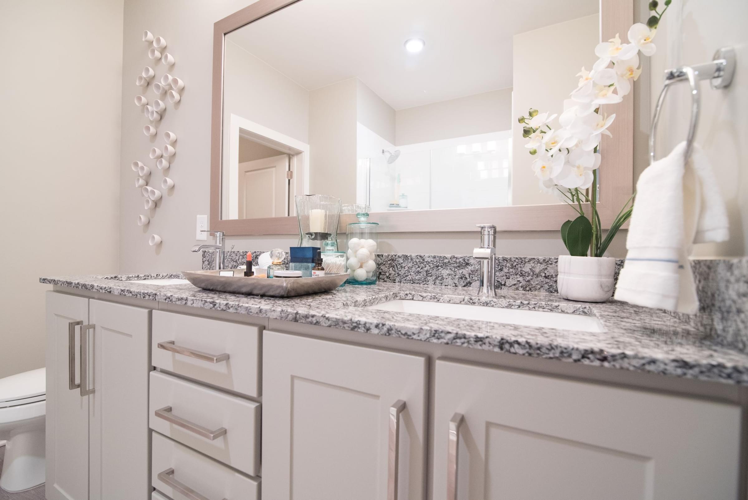 Spacious Bathroom Vanity at Indy West Apartments in Wilmington, NC Spacious Bathroom Vanity at Indy West Apartments in Wilmington, NC