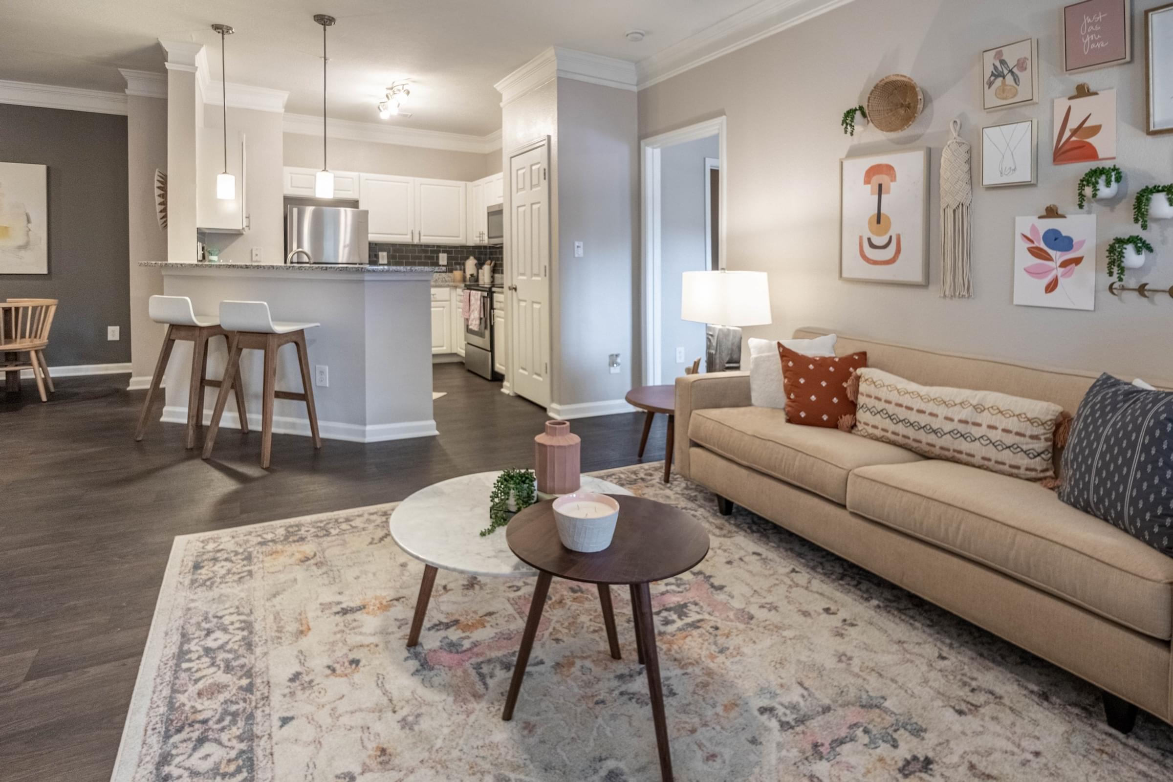 a living room with a couch and a table