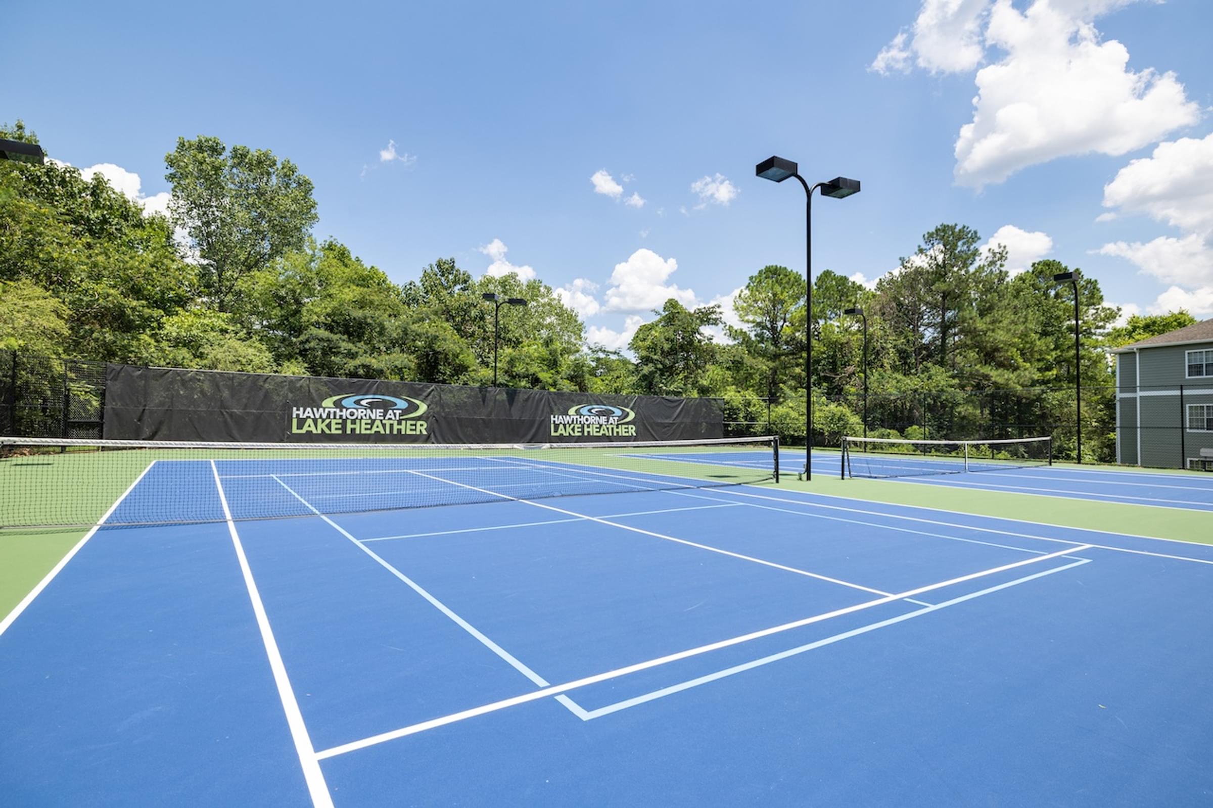 a blue tennis court with a fence and trees in the background