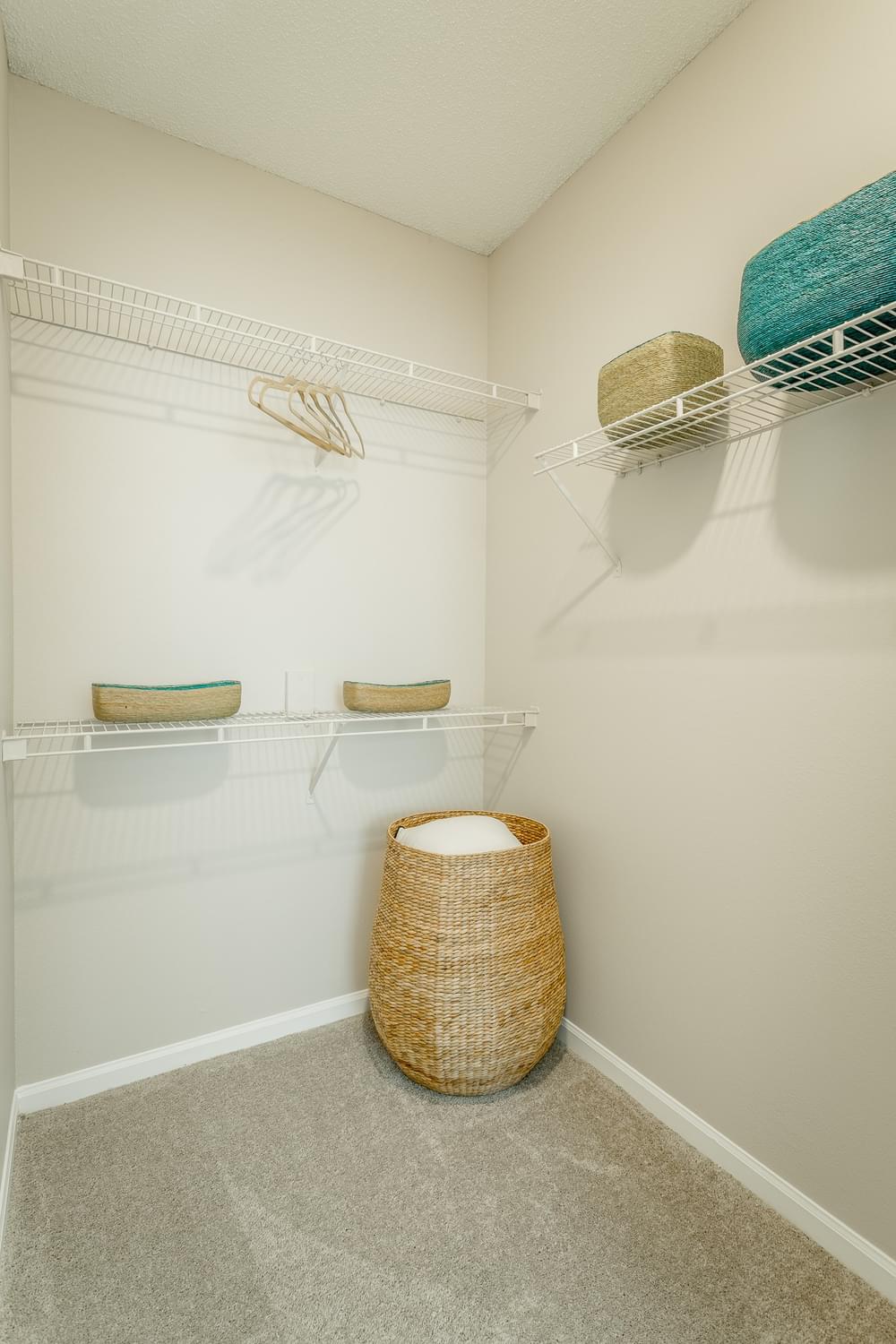 a closet with shelves and baskets and a basket on the floor