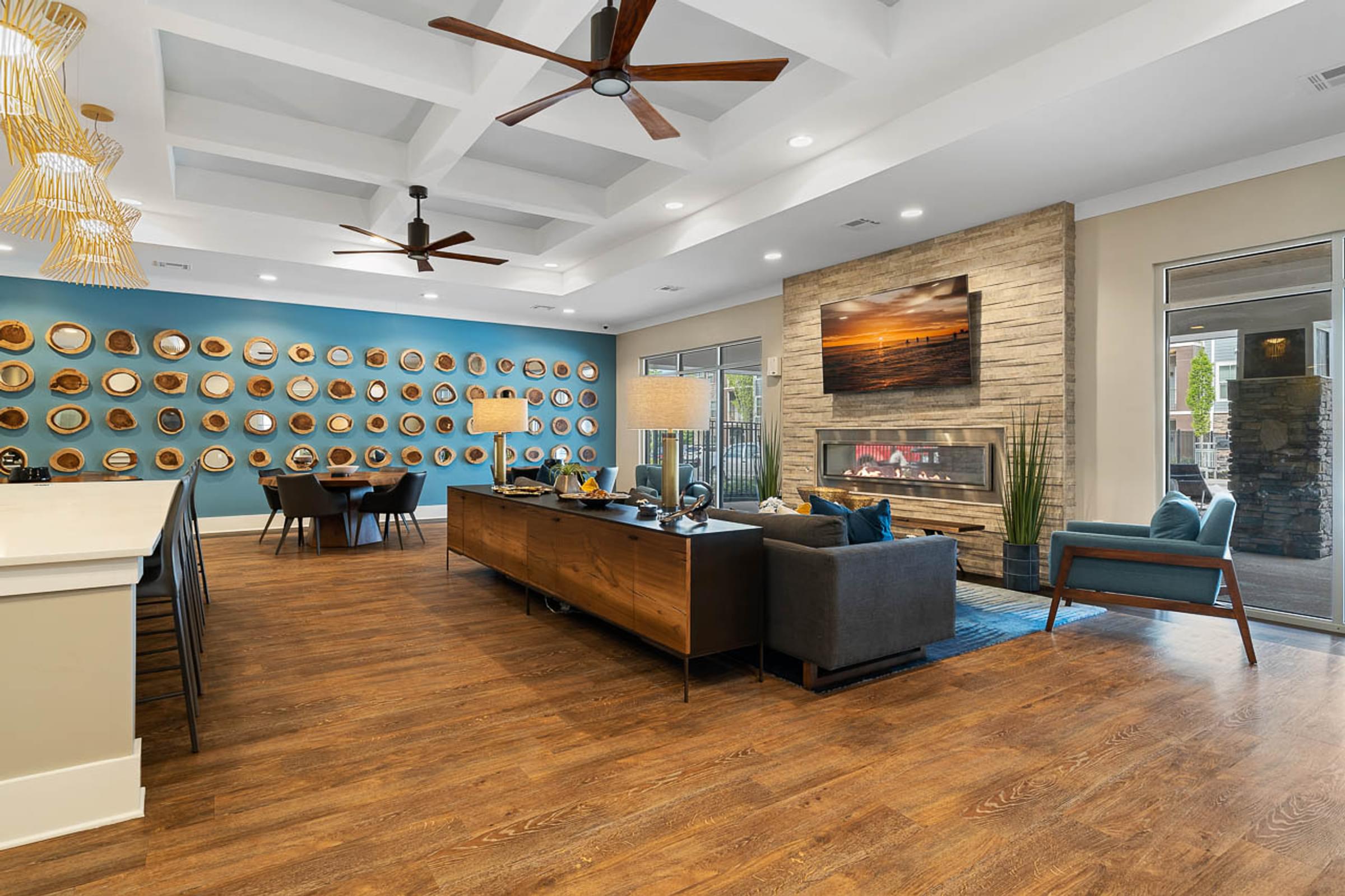 a living room with a fireplace and a couch