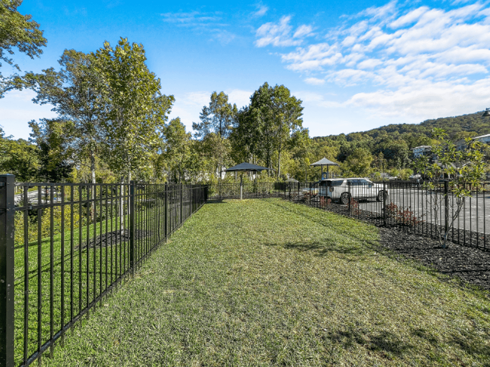 the yard is fenced off with a black fence