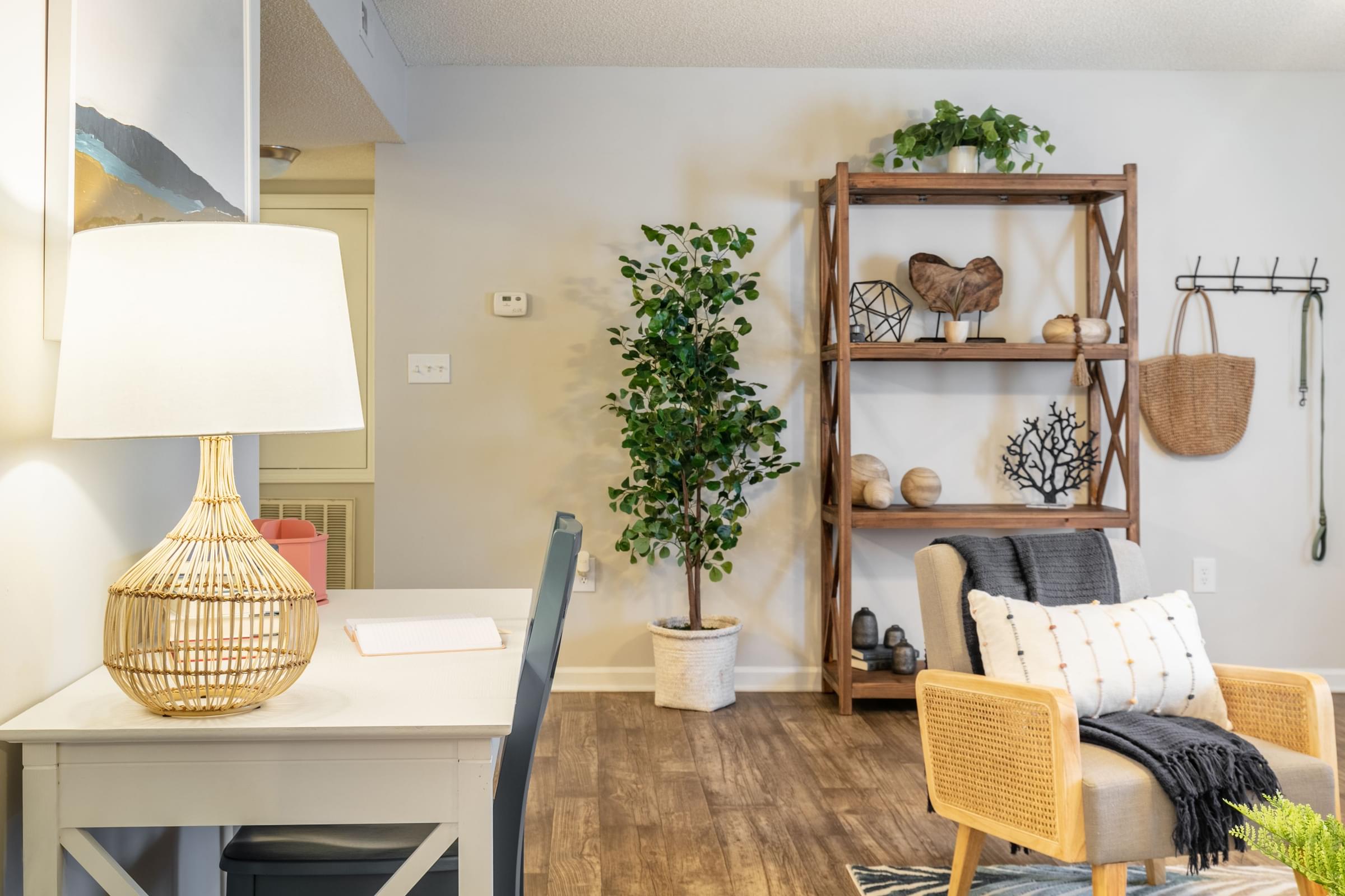 a living room with a desk and a chair and a plant