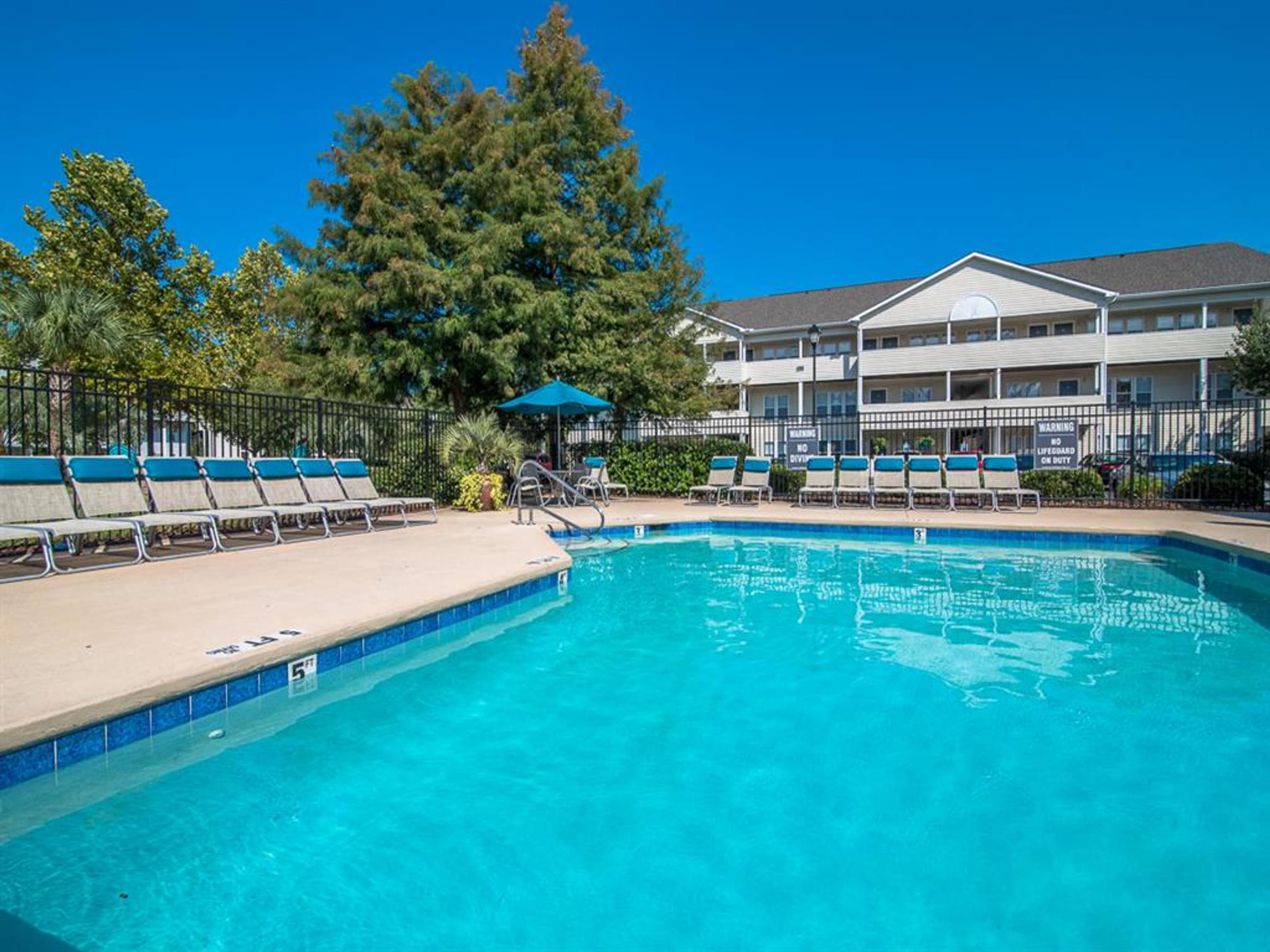 Large Swimming Pool with Pool Chairs and Umbrellas