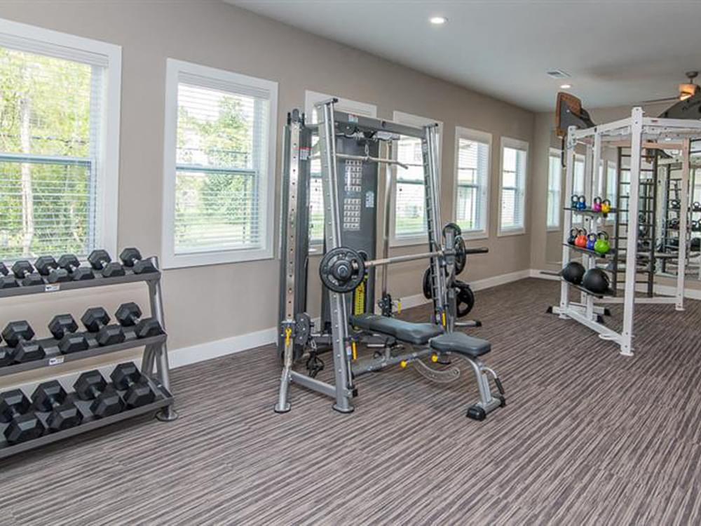 a gym with weights and a lot of windows