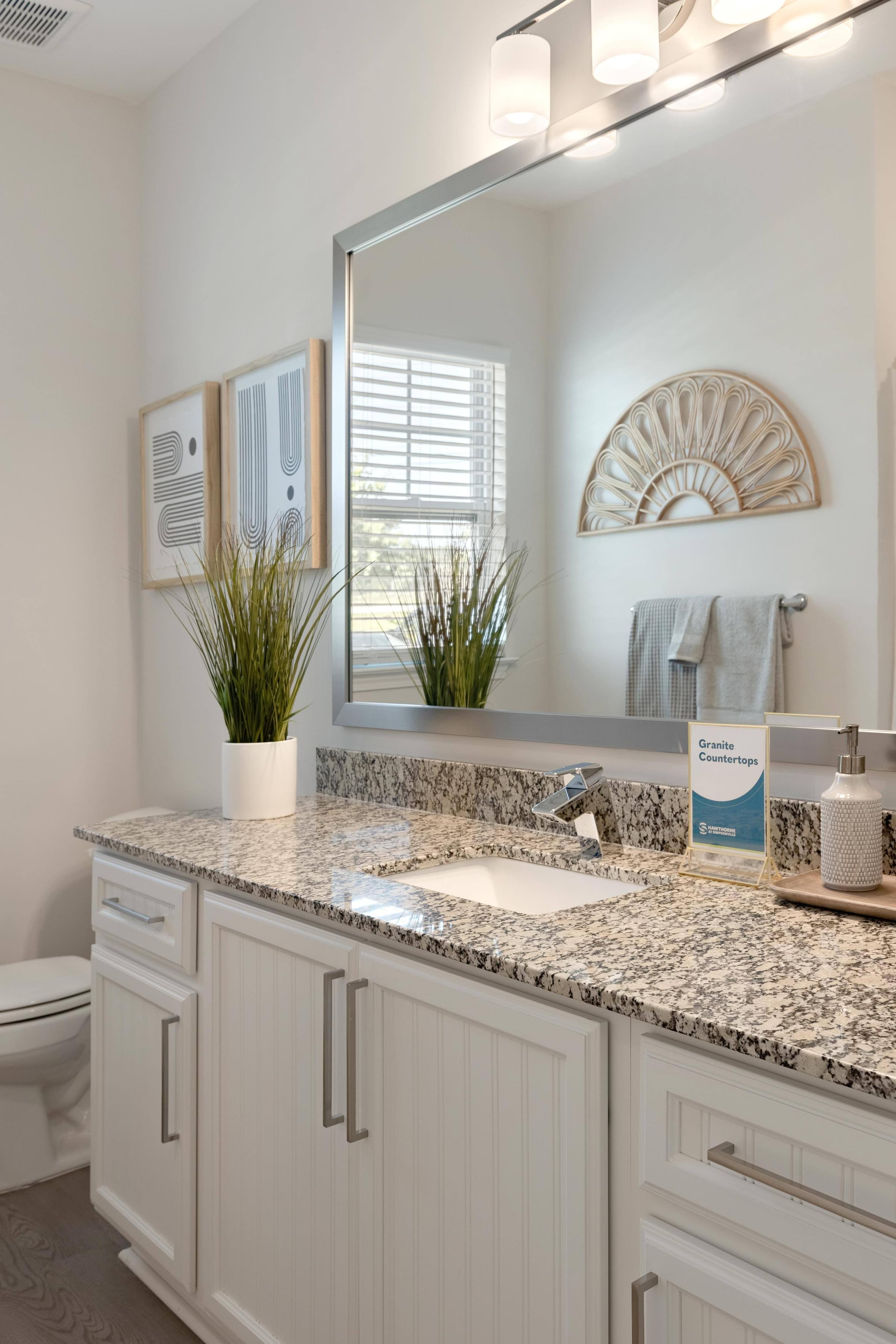 Modern Bathroom with Large Vanity with White Cabinets and Grey Granite Countertops