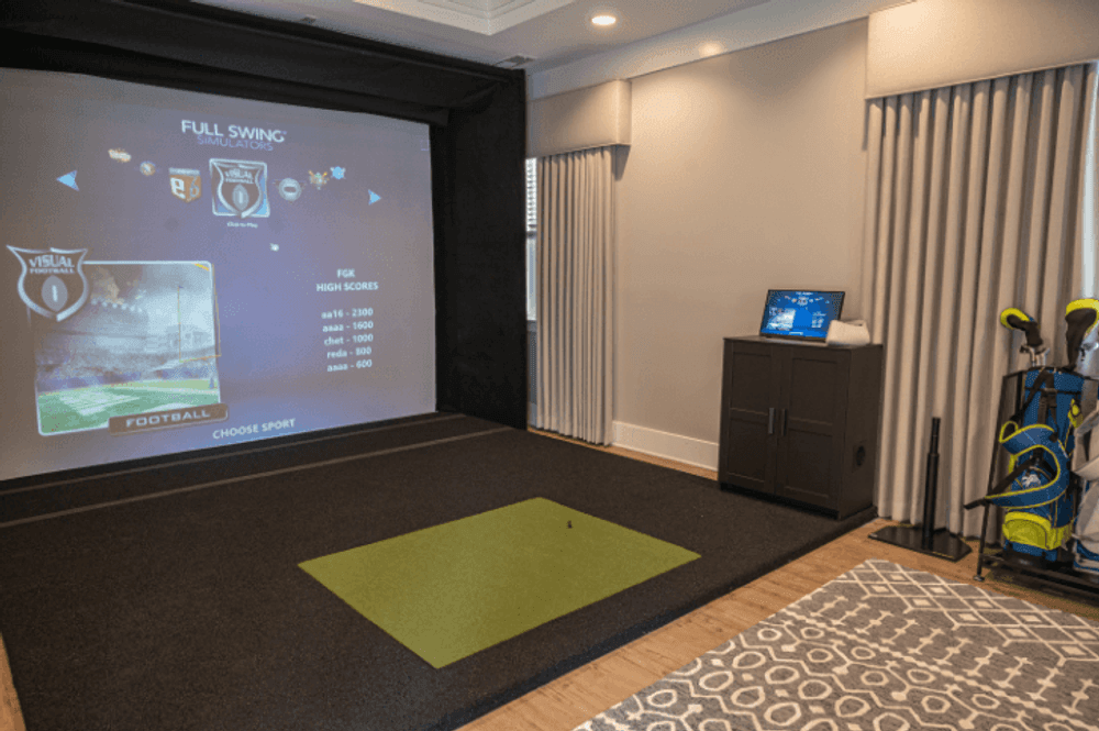 a living room with a projector screen on the wall and a carpet