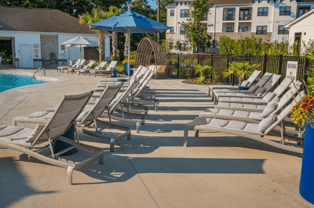 a row of lounge chairs next to a pool