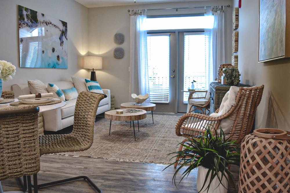 Coastal inspired decor in apartment living room Hawthorne at Smith Creek
