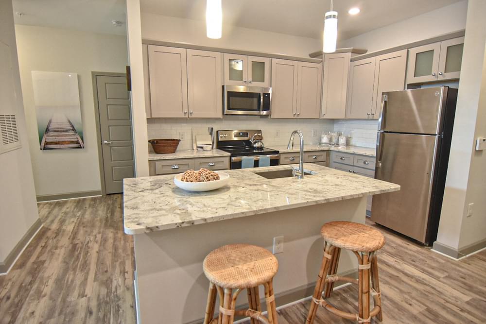 Apartment Kitchen with Breakfast Bar and Wood Flooring Smith Creek Wilmington NC